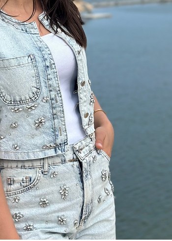 Pul Detaylı Kısa Kot Ceket pantolon takım - Görsel 3