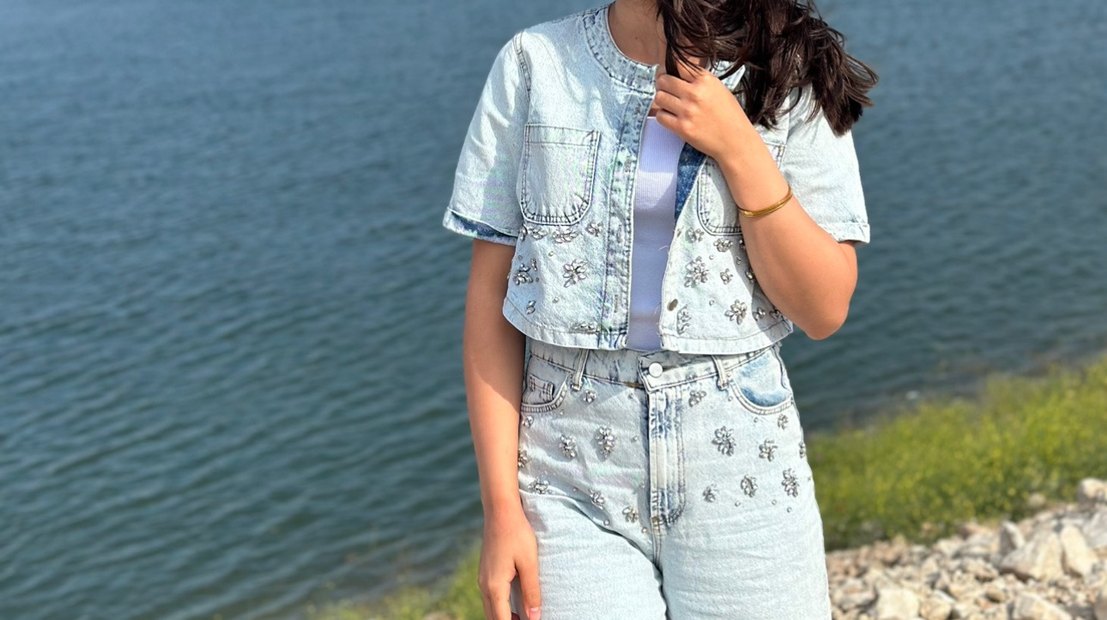 Pul Detaylı Kısa Kot Ceket pantolon takım - Görsel 2