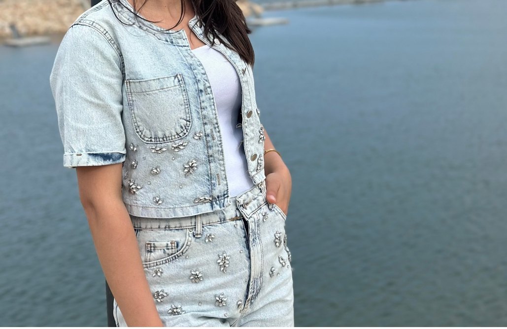 Pul Detaylı Kısa Kot Ceket pantolon takım - Görsel 3