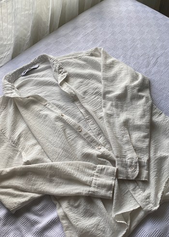Düğmeli Beyaz Keten  Gömlek - Görsel 3