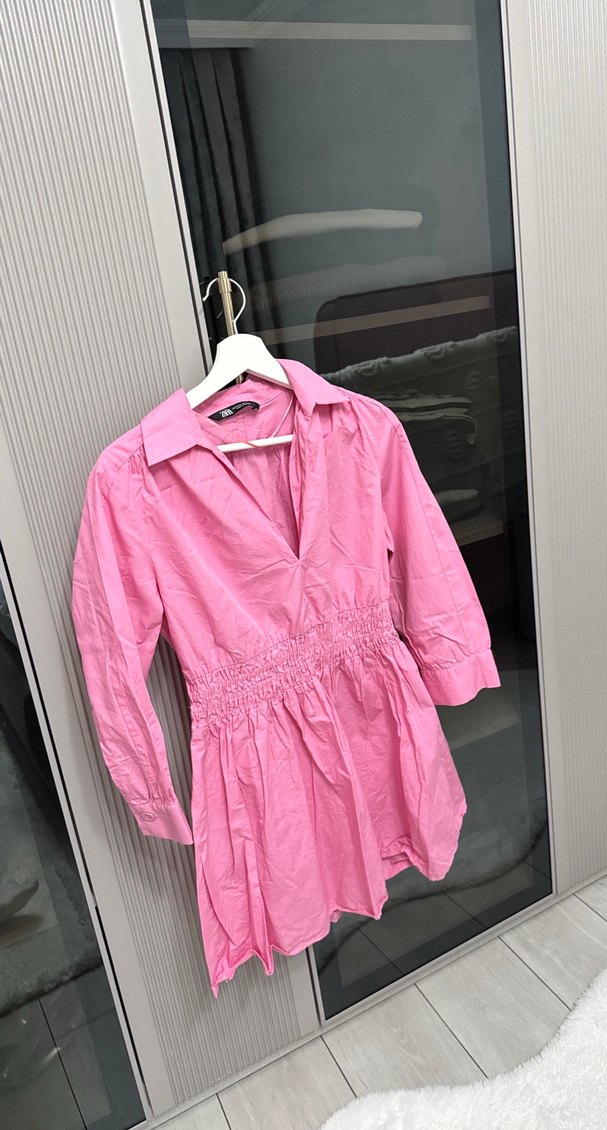 Pembe Mini V Yaka Uzun Kollu Elbise - Görsel 2