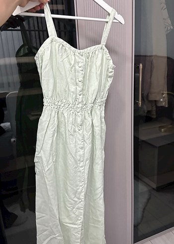 Düğmeli Beyaz Keten Uzun Elbise - Görsel 2