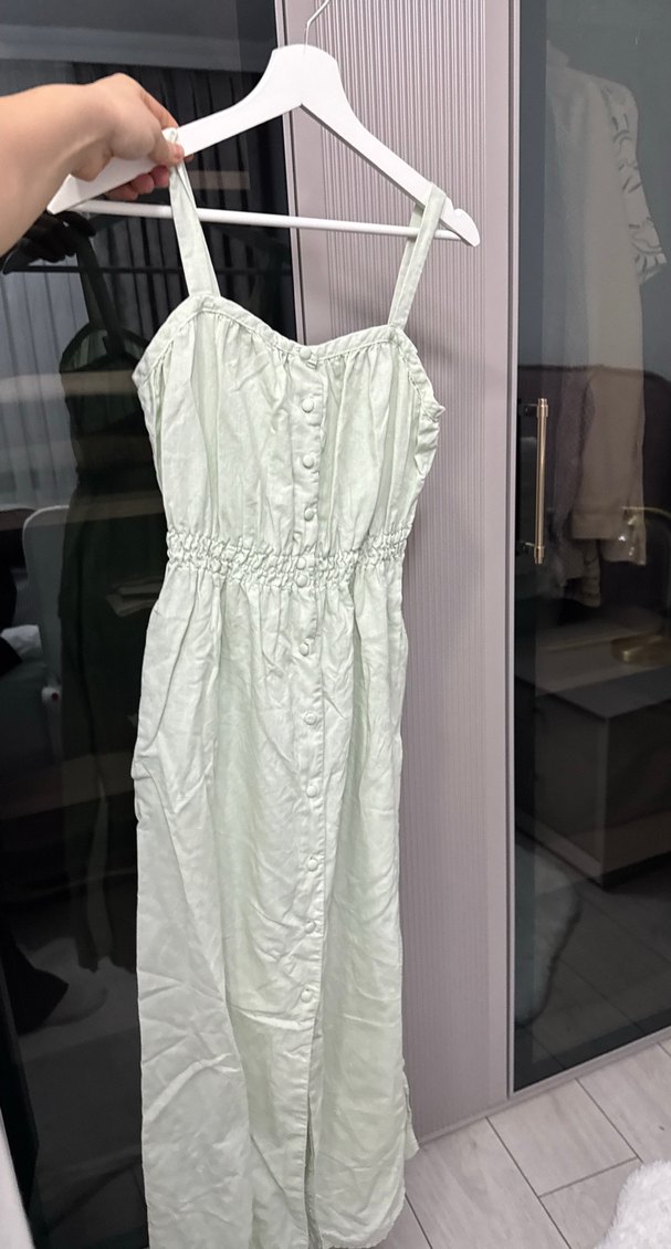 Düğmeli Beyaz Keten Uzun Elbise - Görsel 2