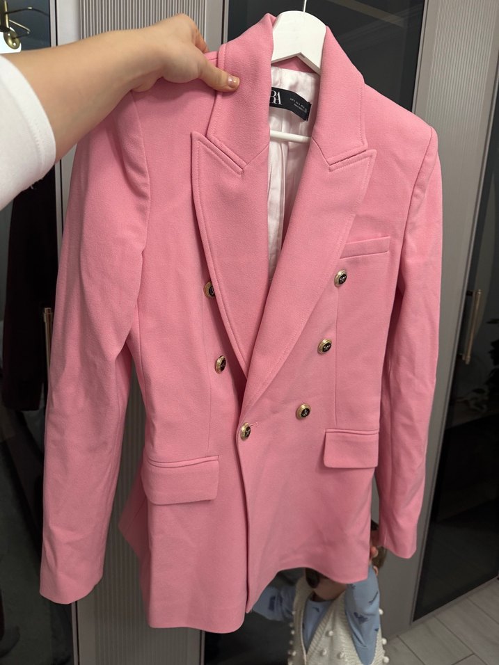 Düğmeli Pembe Midi Blazer Ceket - Görsel 3