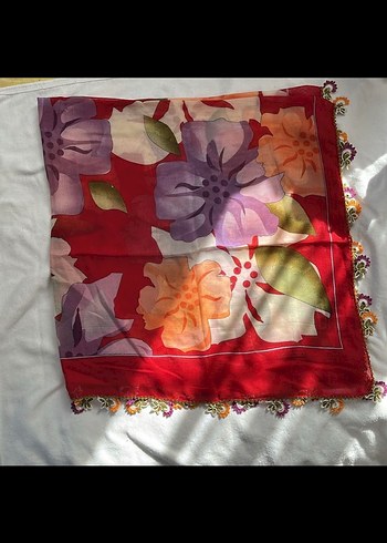 Çiçek Desenli Dantelli Renkli Kadın eşarp - Görsel 2