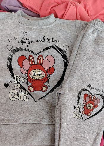 Gri labubu Baskılı Kız Çocuk Eşofman Takımı - Görsel 2
