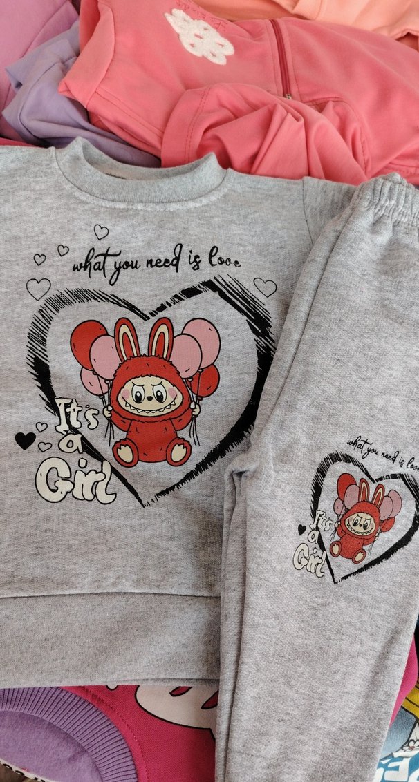 Gri labubu Baskılı Kız Çocuk Eşofman Takımı - Görsel 2