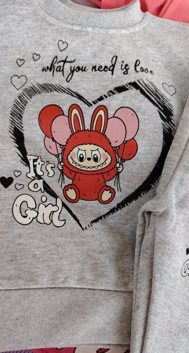 Gri labubu Baskılı Kız Çocuk Eşofman Takımı - Görsel 3