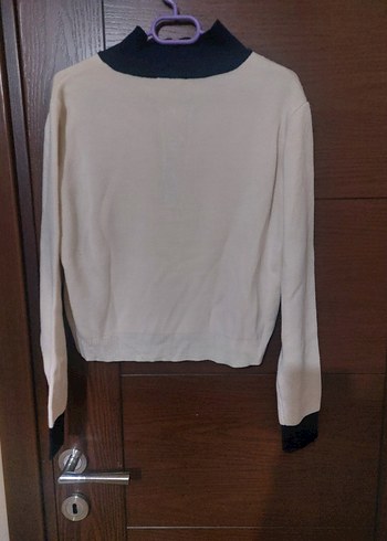 Düğmeli Beyaz Gri Triko Kadın Kazak - Görsel 2