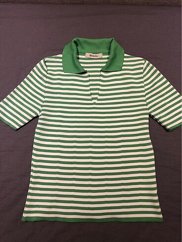Yeşil Polo yaka çizgili triko bluz