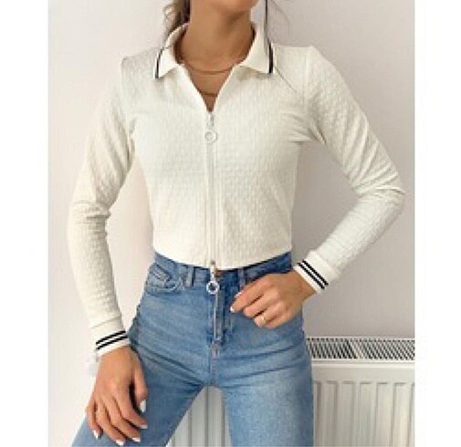 l Beden beyaz Renk Fermuarlı crop bluz ekru