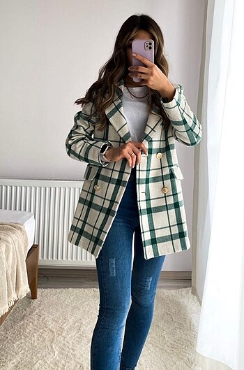m Beden Ekose desen tüvit blazer ceket