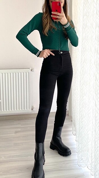 s Beden yeşil Renk Fermuarlı crop bluz