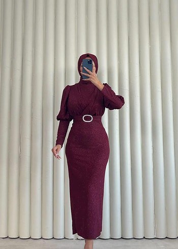 38 Beden bordo Renk Bordo Drapeli Uzun Kollu Kadın Tesettür Abiye Elbise