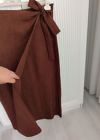 Diğer Drapeli Kahverengi Midi Keten Etek