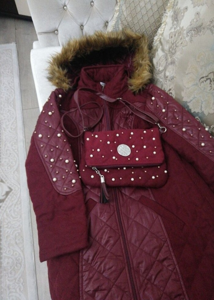 Kaşe kapitone kumaş çantalı kaban - Görsel 3