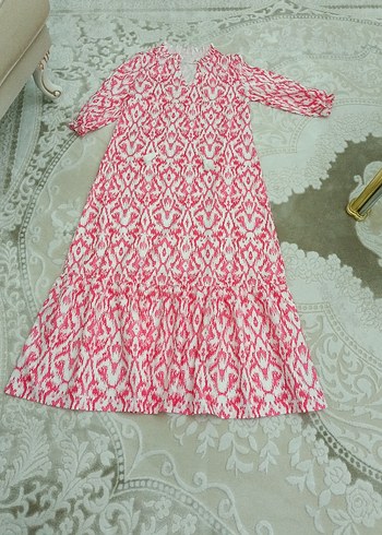 Pembe Bağlama Desenli Uzun Bohem Elbise - Görsel 6