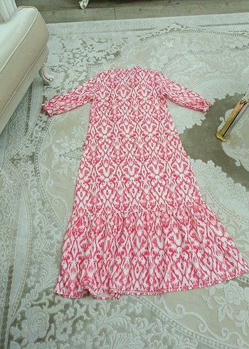 Pembe Bağlama Desenli Uzun Bohem Elbise - Görsel 8