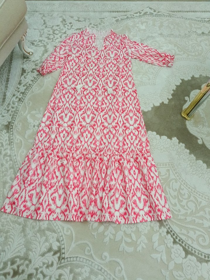 Pembe Bağlama Desenli Uzun Bohem Elbise - Görsel 2