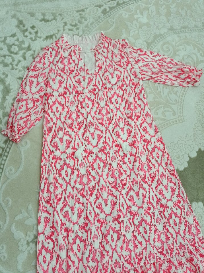 Pembe Bağlama Desenli Uzun Bohem Elbise - Görsel 4