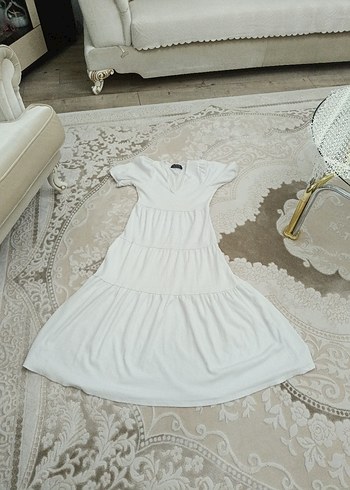 Beyaz Keten V Yaka Uzun Bohem Elbise - Görsel 2