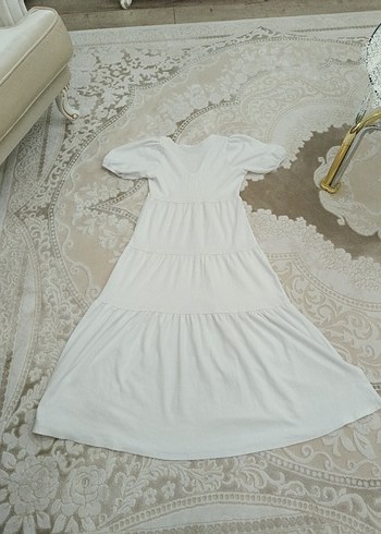 Beyaz Keten V Yaka Uzun Bohem Elbise - Görsel 3