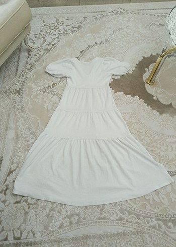 Beyaz Keten V Yaka Uzun Bohem Elbise - Görsel 4