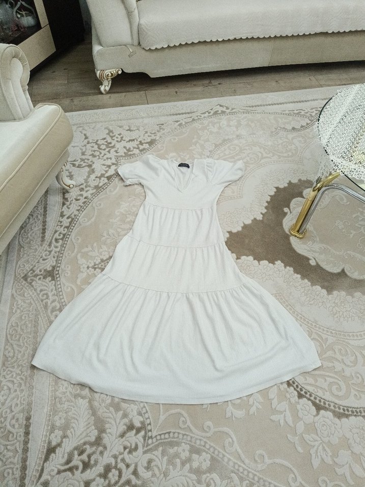 Beyaz Keten V Yaka Uzun Bohem Elbise - Görsel 2