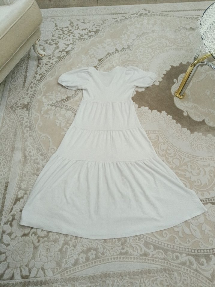 Beyaz Keten V Yaka Uzun Bohem Elbise - Görsel 4