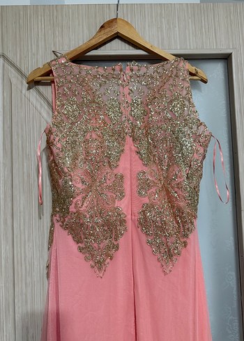 Pembe Nakışlı Uzun Abiye Elbise - Görsel 3