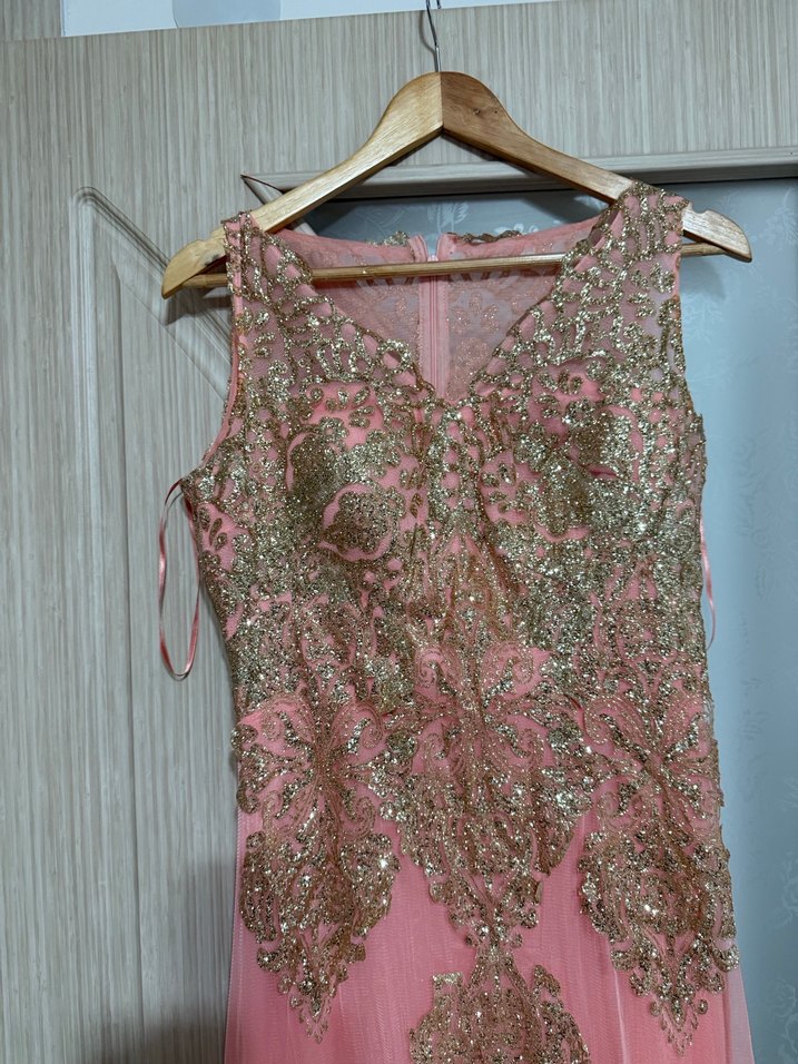 Pembe Nakışlı Uzun Abiye Elbise - Görsel 2