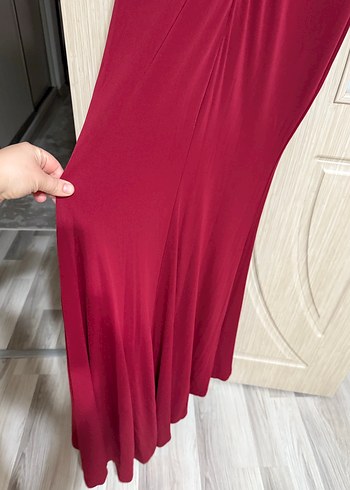 Bordo V Yaka Drapeli Uzun Abiye Elbise - Görsel 6