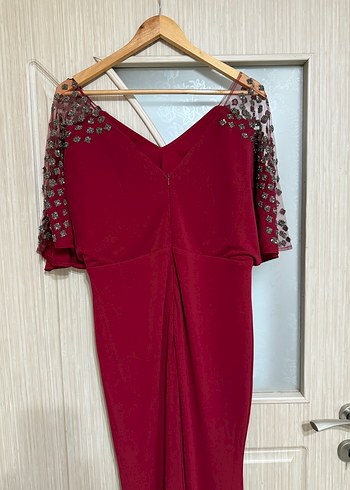 Bordo V Yaka Drapeli Uzun Abiye Elbise - Görsel 4