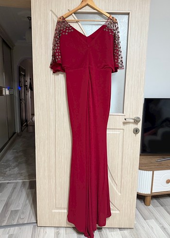 Bordo V Yaka Drapeli Uzun Abiye Elbise - Görsel 5