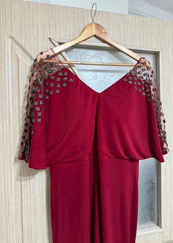 Bordo V Yaka Drapeli Uzun Abiye Elbise - Görsel 2