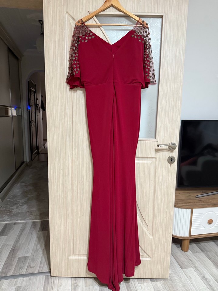 Bordo V Yaka Drapeli Uzun Abiye Elbise - Görsel 5