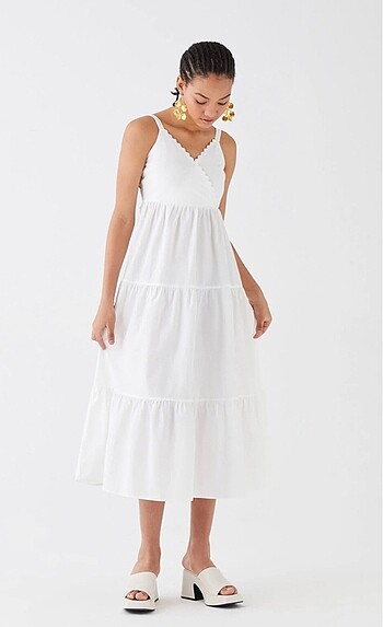 LC Waikiki Lcw kadın askılı beyaz elbise midi uzun boy
