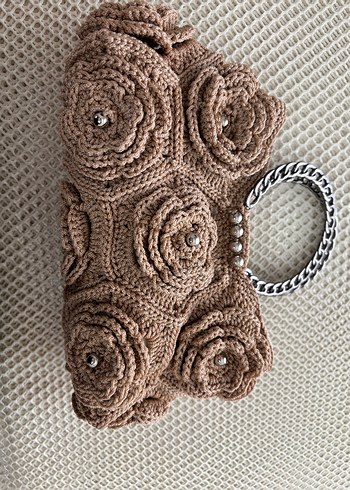 Çiçek Desenli Örgü Bej Kadın Çanta - Görsel 3