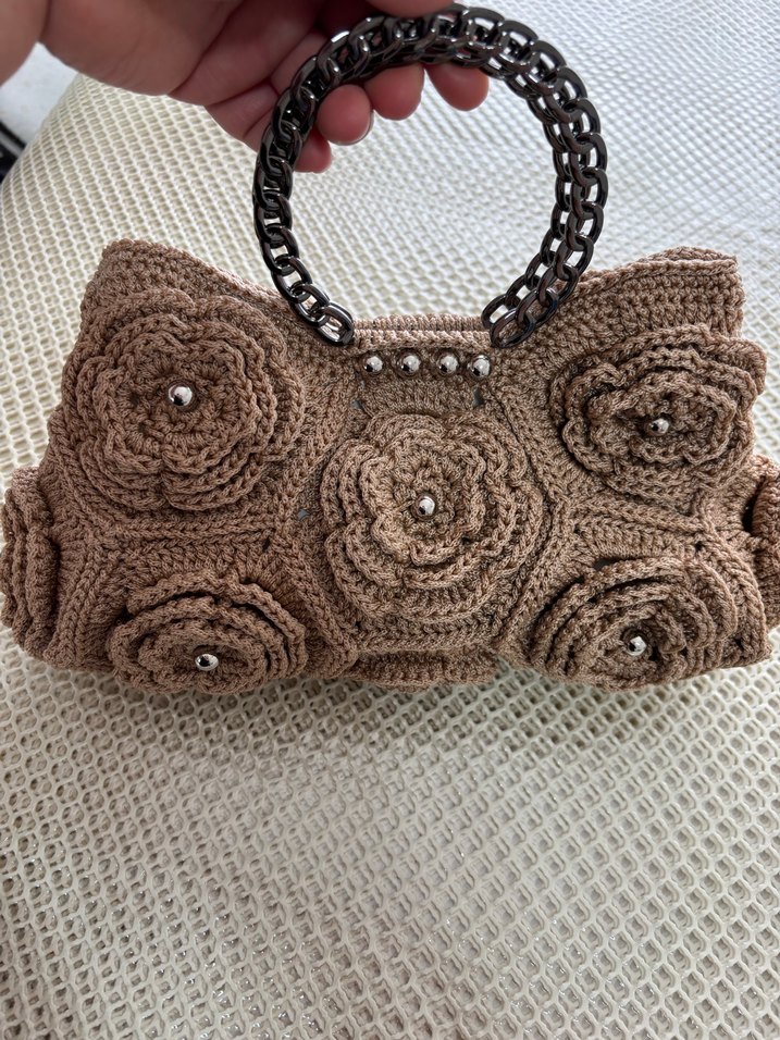 Çiçek Desenli Örgü Bej Kadın Çanta - Görsel 2