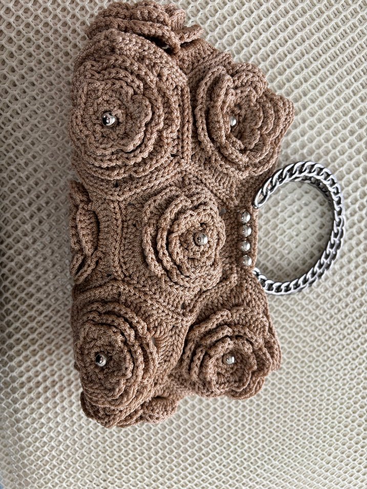 Çiçek Desenli Örgü Bej Kadın Çanta - Görsel 3