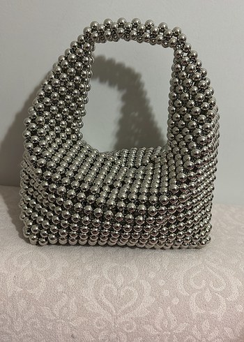 Gri Metal Boncuklu Kadın Çanta - Görsel 2