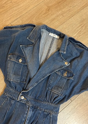 s Beden Kemerli Lacivert Kadın Denim Tulum