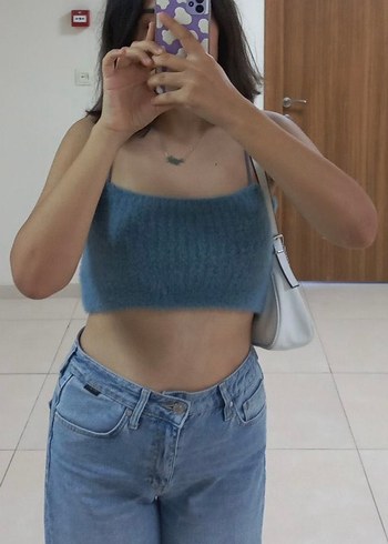 Defacto İnce Askılı Mavi Tüylü Crop Top