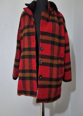 Düğmeli Kırmızı Kareli Midi Hamile Kabanı - Görsel 2