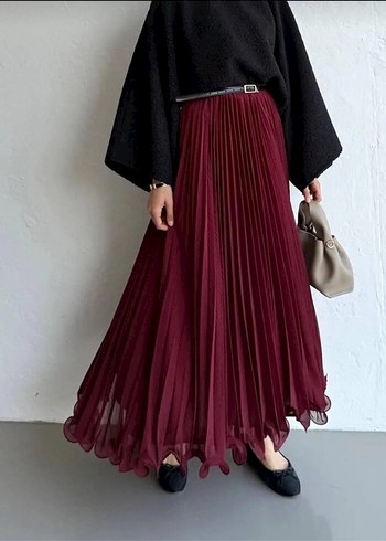 Bordo Pilili Uzun Kadın Etek
