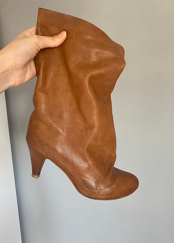 38 Beden Bej Deri Stiletto Topuklu Diz Boyu Kadın Çizme