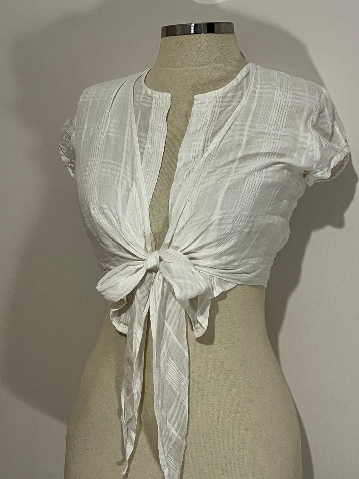 Beyaz Keten Bağlamalı Bohem Bluz - Görsel 2