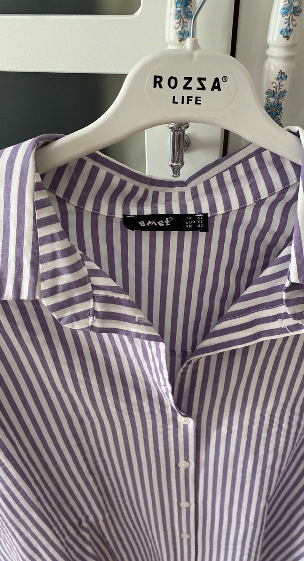 Mor Çizgili Uzun Kollu Pamuklu Gömlek - Görsel 2