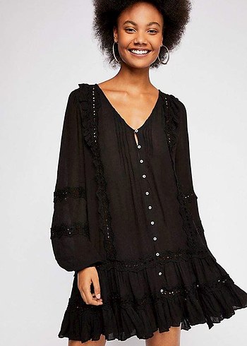 Urban Outfitters Siyah Mini Uzun Kollu Fırfırlı Elbise
