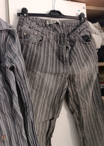 36 Beden Gri Çizgili Düğmeli Denim Kadın Pantolon
